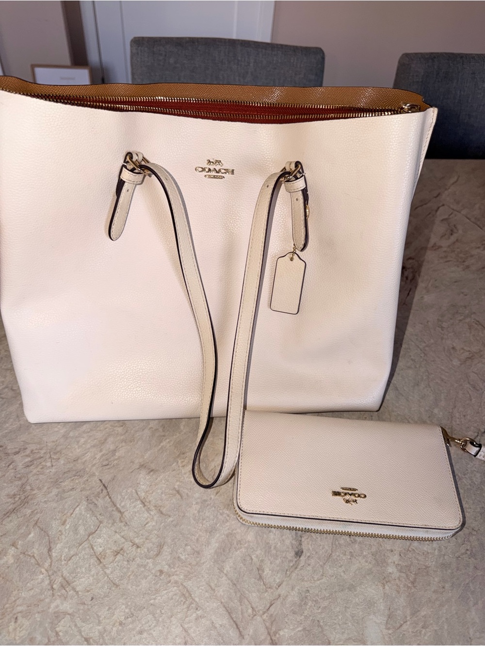 COACH Cream Pebbled Leather Tote with Matching Wallet